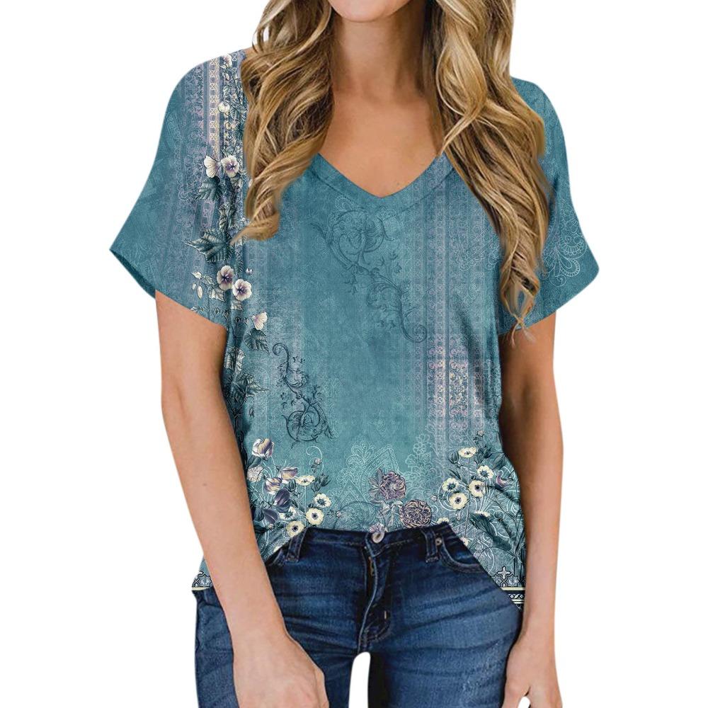 Women's Summer Casual T-shirt 2025 Fashion Retro Printing Harajuku Blouse T-shirt Street Short-sleeved V-neck Blouse