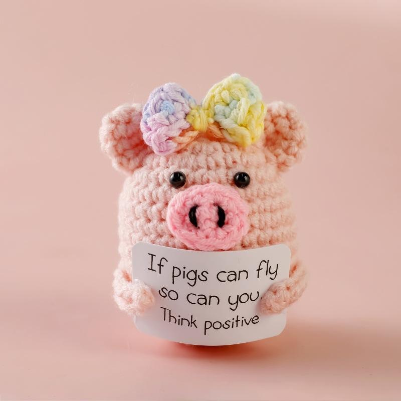 Funny Crochet Emotional Support Pig Doll With Card Desktop Ornament Handmade Knitted Pig Dolls Christmas Gifts Home Decoration
