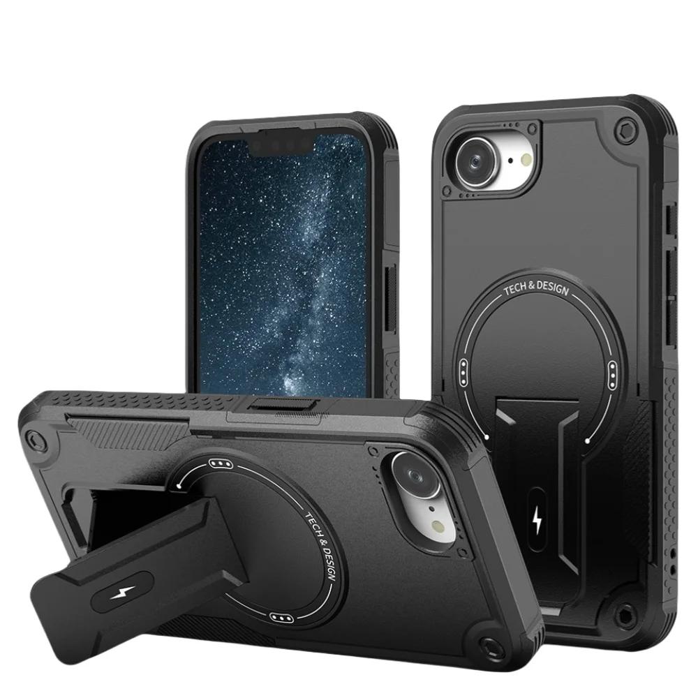 

Heavy Duty Rugged Military Grade Bracket Case for IPhone 17 Air 16e 15 14 Plus 13 12 Magnetic Wireless Charge Hybrid Armor Cover iPhone17 Pro Max чёрный