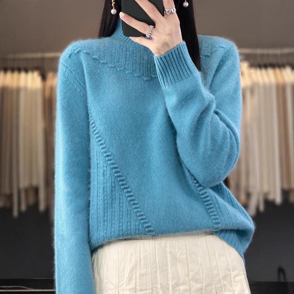 2023 Women's Korean Style Wave Knit Sweater: Thick, Solid Color Pullover with Half-High Neck