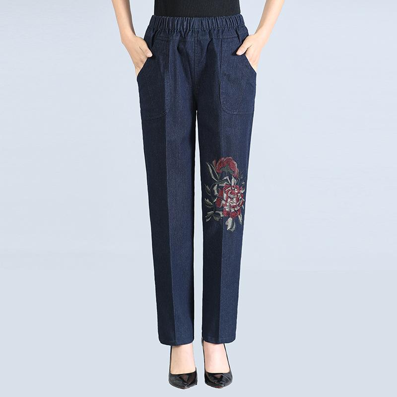 

Женские джинсы весна-осень, вышитые, с высокой талией, свободные, брюки для пожилых женщин, брюки для женщин среднего возраста, брюки для бабушки XL