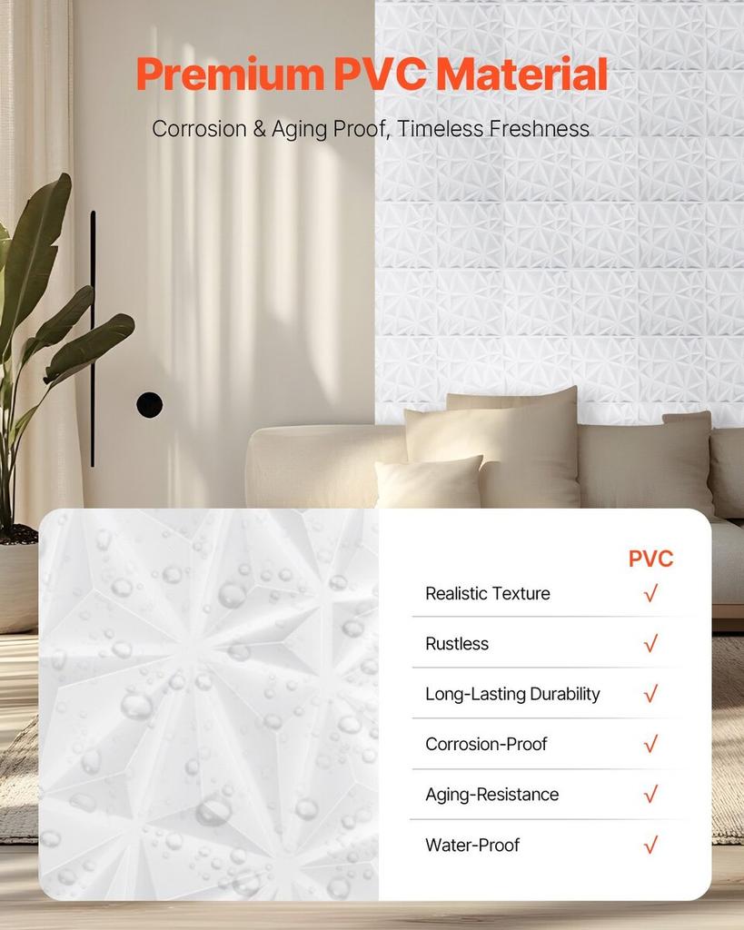 3D Wall Panels 33-Pack 11.81x11.81'' PVC 32 Sq.Ft Coverage Diamond White