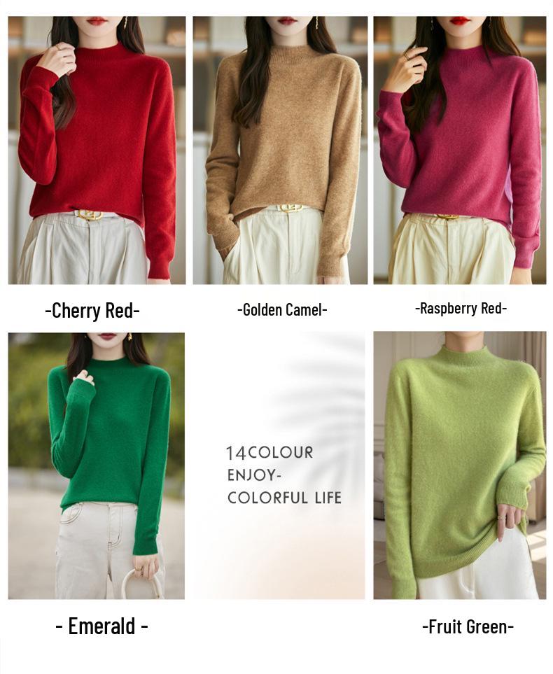 Women's Slimming Wool Sweater - Half High Neck, Long Sleeve, Loose Velvet Pullover, Versatile Knitwear for Autumn/Winter.