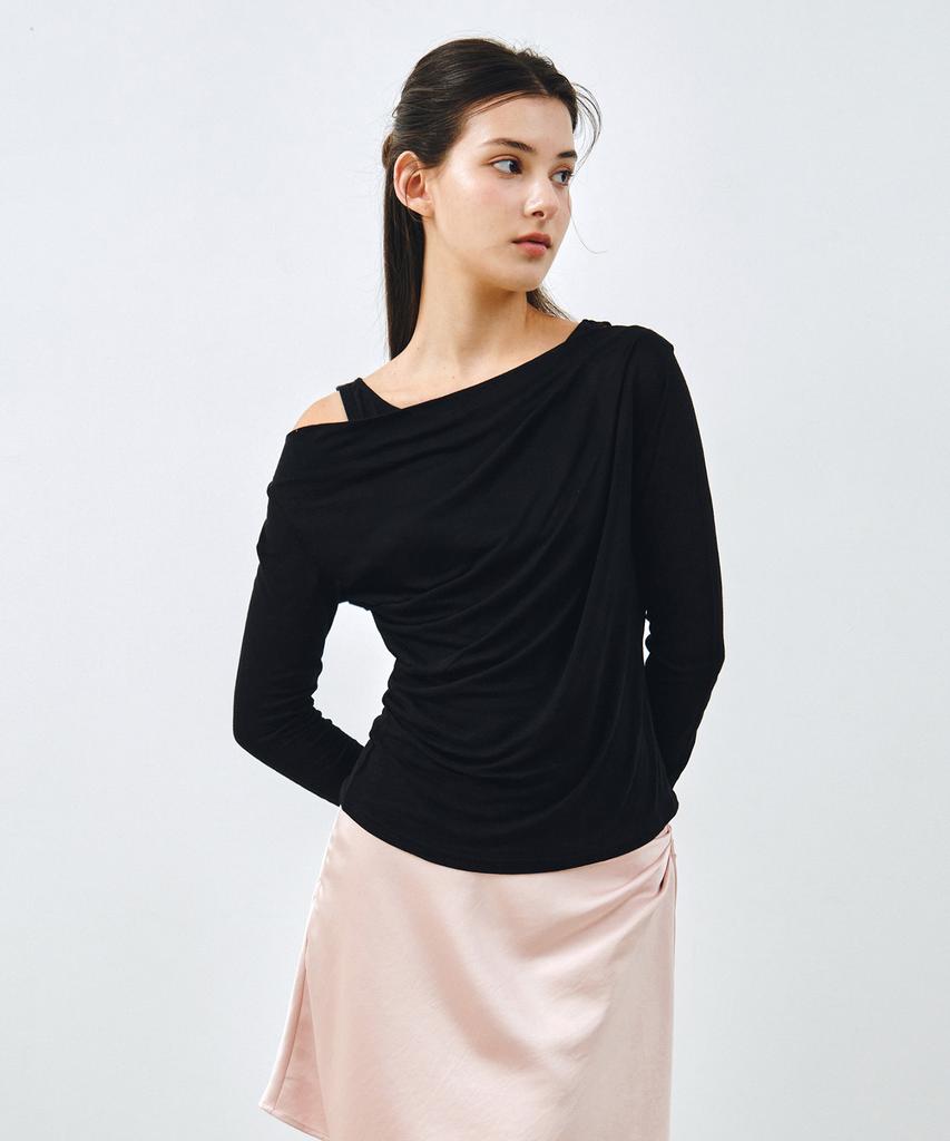 Mongdol [Set] One-Shoulder Draping Layered T-Shirt Black Mdts088Black