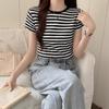 New Summer High-End Hong Kong Style Petite Cotton Striped Short-Sleeve Women's T-Shirt