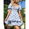 Summer Floral Print Square Neck Ruffled Puff Sleeve Vacation Dress