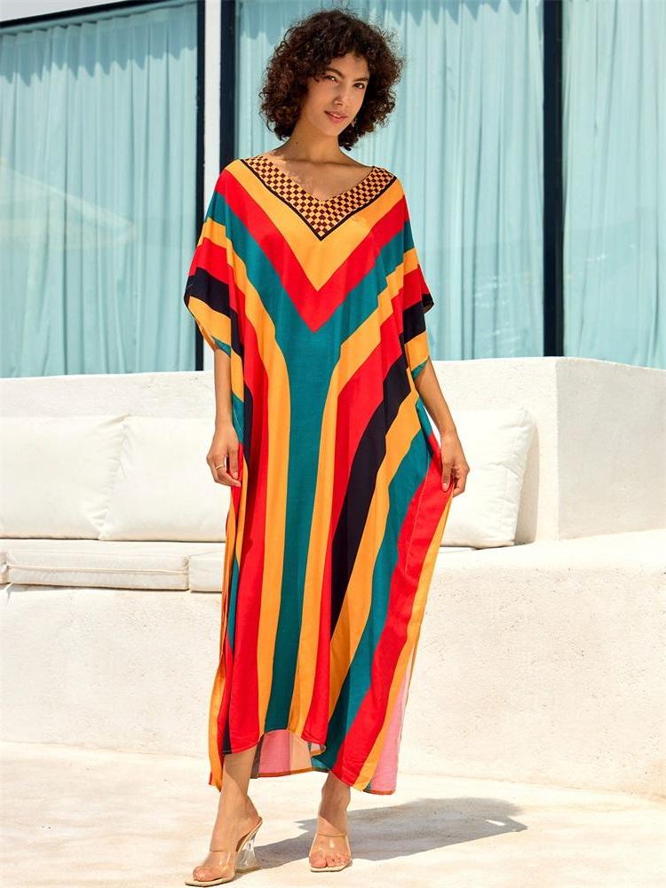 EDOLYNSA 2024 Colorful Striped Printed Plus Size V-neck Bat Sleeve Kaftan Women Boho Beach Dress Cozy House Robe Swimsuit Cover Up