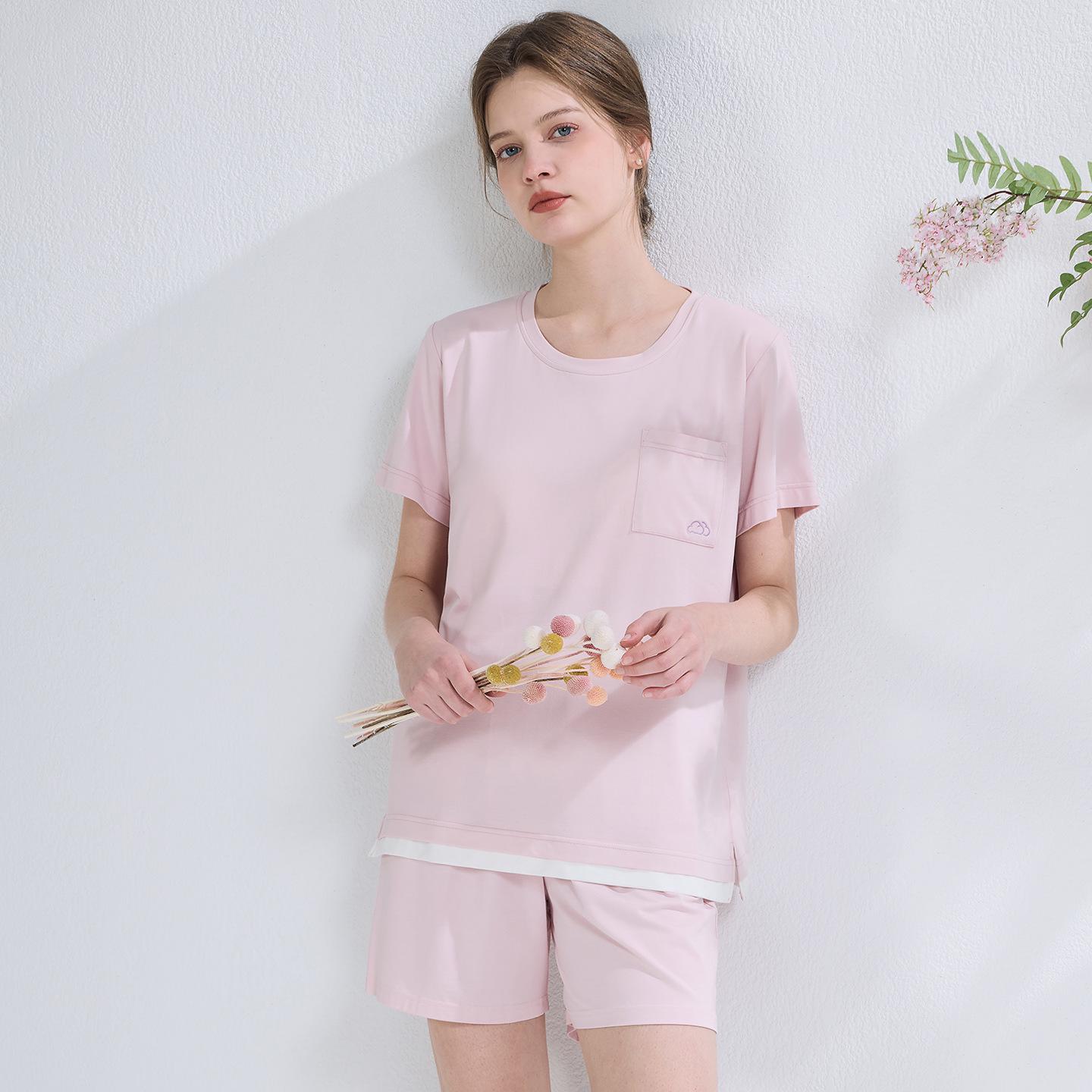Banyuan Couple s Knitwear: Women s Short Sleeve Shorts with Built-in Bra in Merino, Modal, and Cotton. M