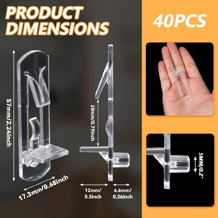 Clear Locking Shelf Clip 40Pcs Plastic Cabinet Shelf Support Pegs for Kitchen Bookcases Shelving Easy Installation