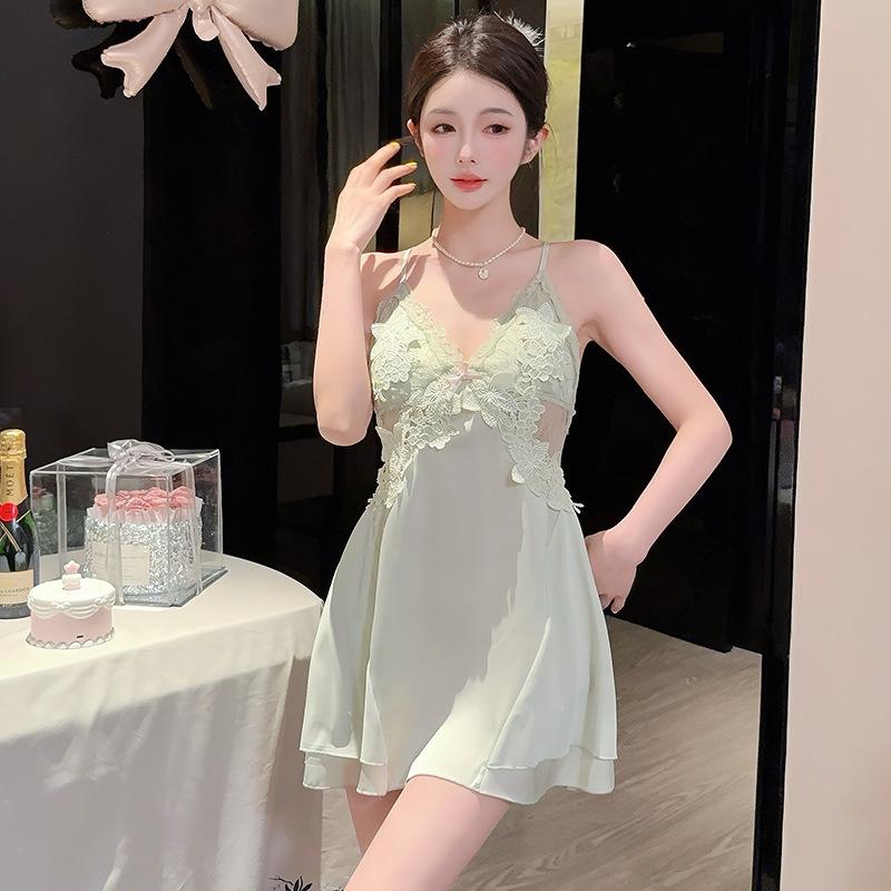 Women's Ice Silk Lace Trim Camisole Nightgown Two-Piece Set with Breast Pads for Spring & Autumn