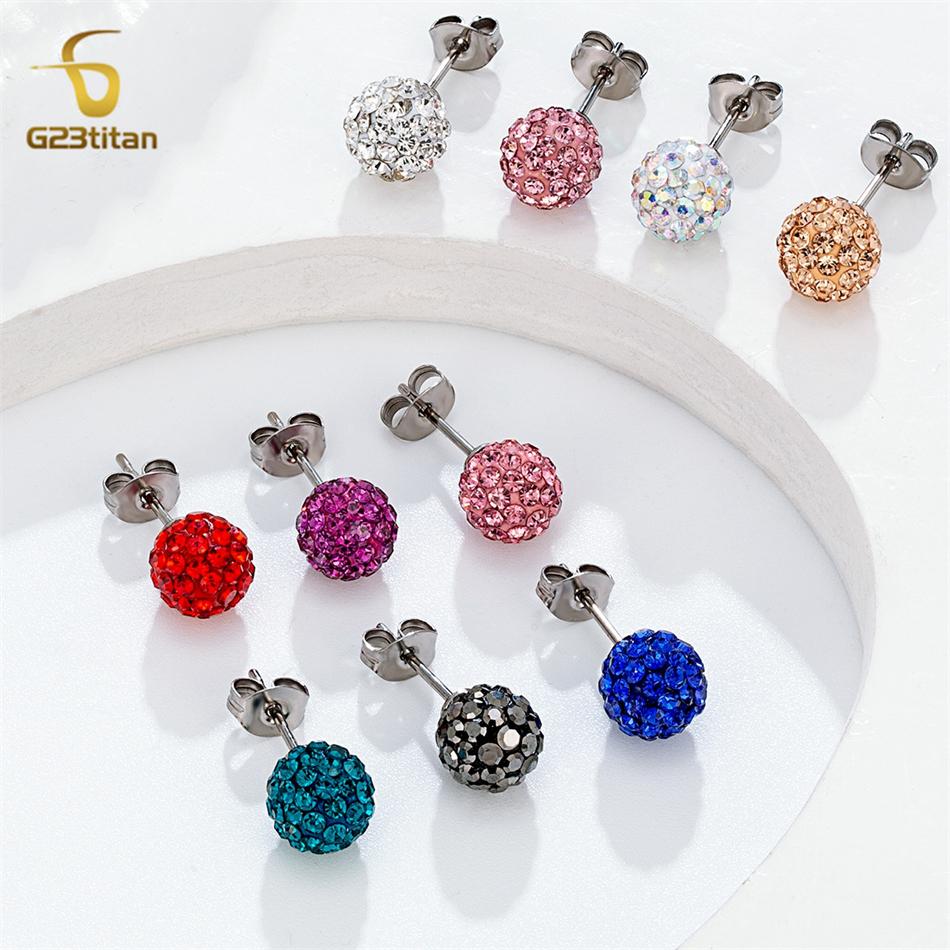 Colors Crystal Bead Polymer Clay Earrings G23 Titanium Ear Stud Micro Pave Rhinestone Disco Ball Hypoallergenic Piercing Zircon