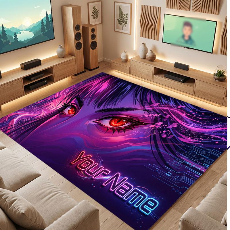 City Cyberpunk Theme Crystal Velvet Floor Rug Personalized Custom Name Text Warm Carpet Home Decoration