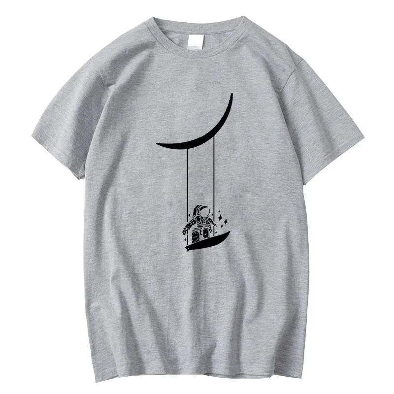 Astronaut Moon Swing Pattern Printed Summer Womens Tshirt Top Short Sleeve Round Neck Soft and Comfortable Casual Clothing