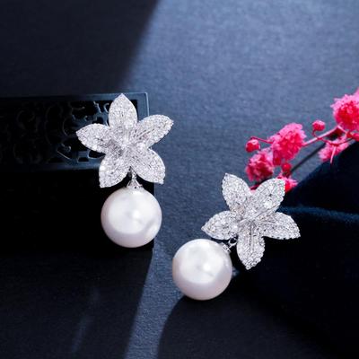 CMM Noble Silver Color Dangle Drop Artificial Pearl Cubic Zirconia Lovely Geometric Flower Earrings for Women Chic Jewelry