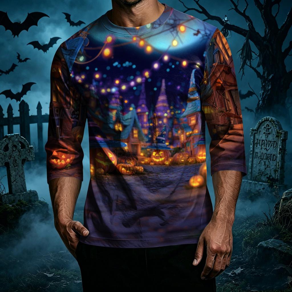 Men's Casual Halloween Print Crew Neck T Shirt Three Quarter Sleeve Relaxed Fit Top with Shoulder Seam Design for Everyday Wear