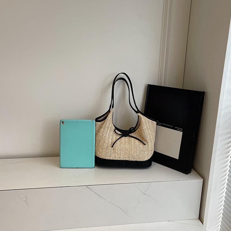 Women Straw Tote Handbag with Bow Weaving Travel Handbag Large Capacity Simple Shoulder Bag Female Woven Bag