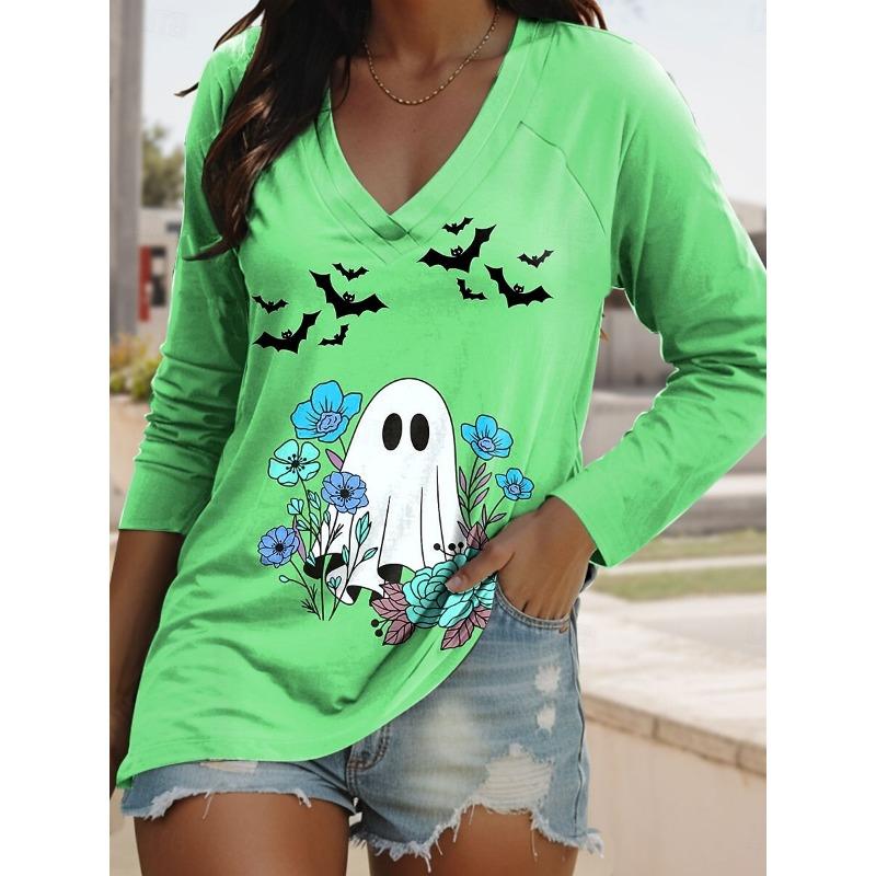 

Halloween Women s T-Shirts Graphic Ghost Elegant Vintage Tees Long Sleeve T-shirts V-Neck Regular Tops Casual Pullover XL