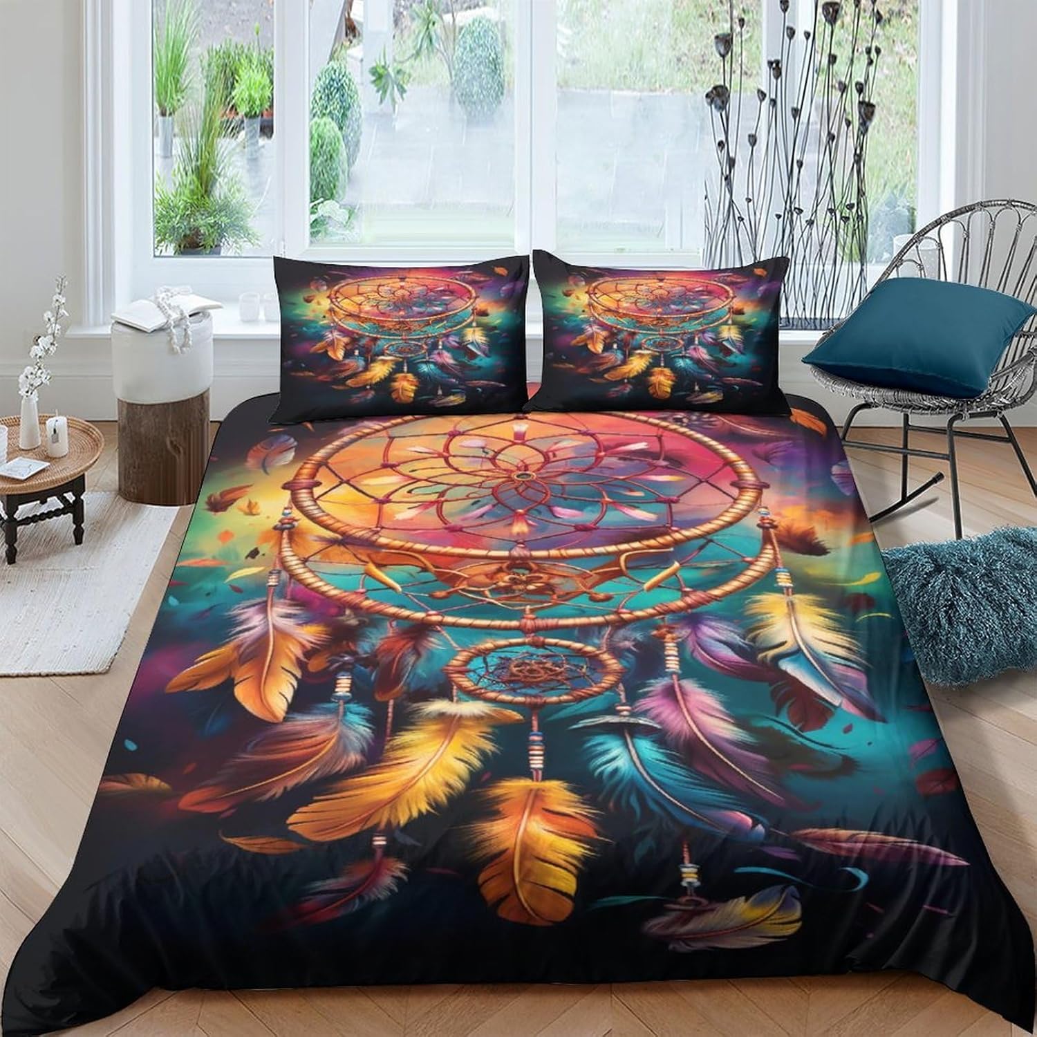 

Dream Catcher 3D Print Duvet Cover Set, Exoticism Quilt Cover Set with Pillowcases with Zipper,Microfiber for Kids Teens Adults 90x200cm-2pcs