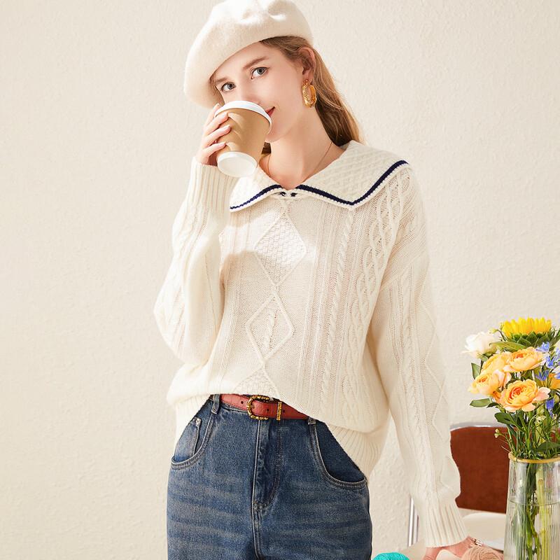 TUHUANG Women's Pure Wool Cable Knit Sailor Collar Sweater