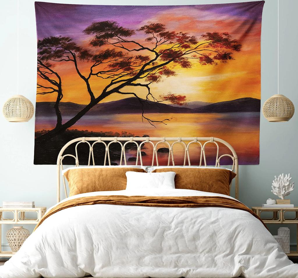 Ocean Sunset  Landscape Tapestry Purple Clouds and Gloden Sunshine Tapestry Wall Hanging Decoration for Dorm Living Room Bedroom