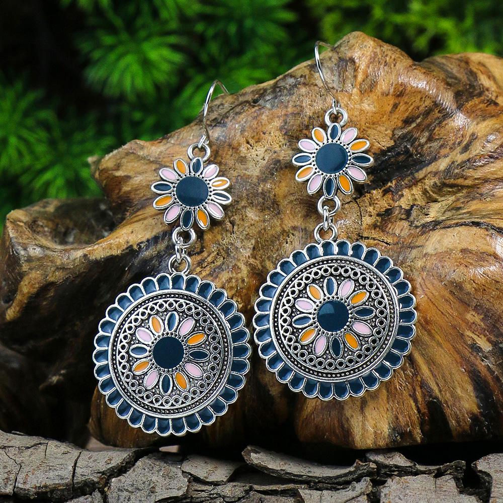 Blue New Alloy Earrings Turquoise Inlaid Bohemian Retro Geometric Round Multi Layered Design Vacation Party Versatile