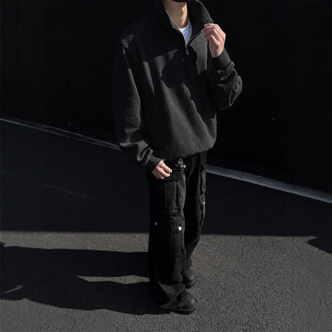 

Американский свитер с воротником-стойкой и молнией до середины груди, мужское ретро, высококлассное повседневное пальто M чёрный