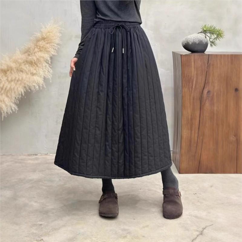 Johnature Woman Winter Vintage Personality Elasticated Waist A-Line Skirt Niche Solid Color Skirts