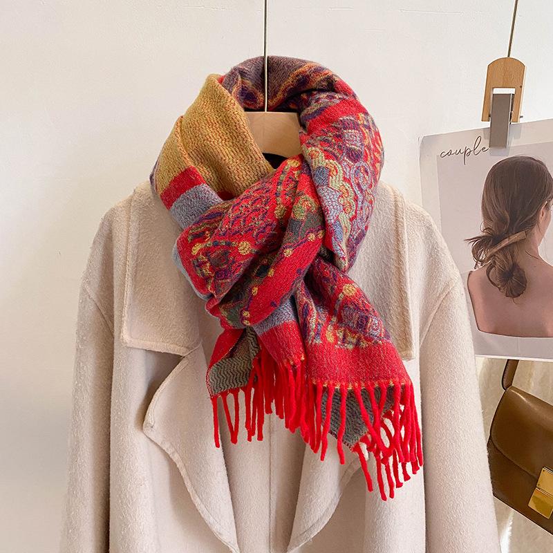 

Bohemian travel shawl women s autumn and winter core-spun yarn fringed scarf thickened warm imitation cashmere scarf 190CM