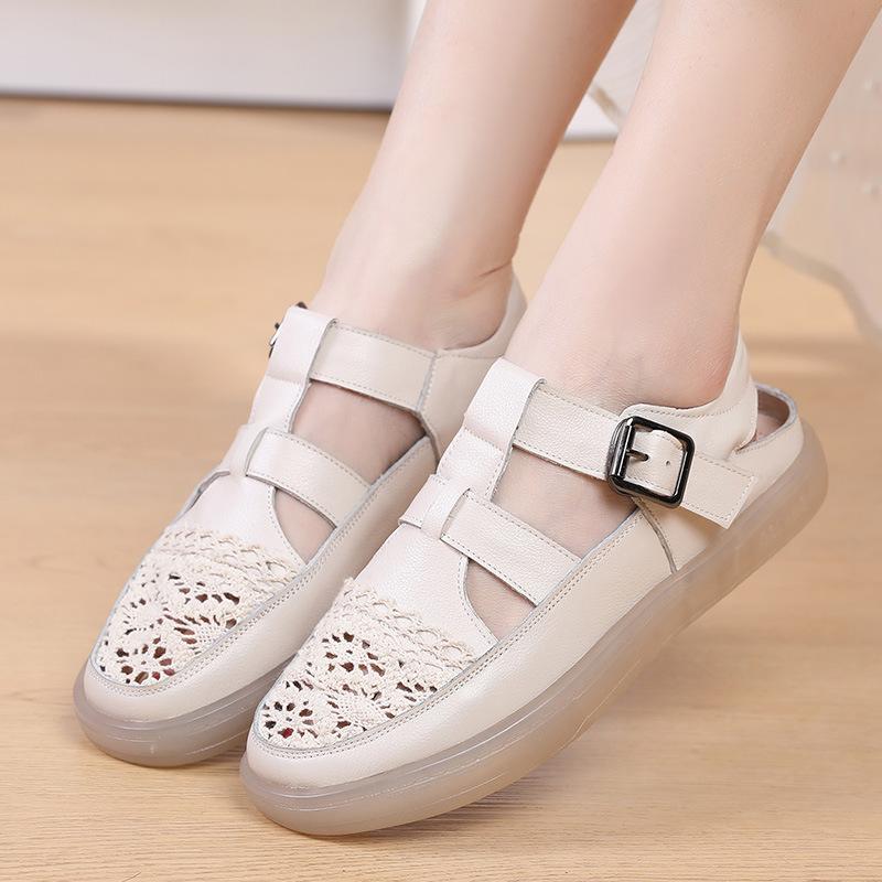 GKTINOO Genuine Leather Roman Sandals 2025 Summer Women Sneakers Closed Toe Comfortable Hollow Soft Sole Mom Shoes Plus Size