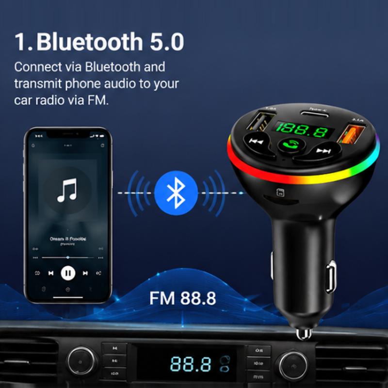 Bluetooth 5.0 FM Transmitter Car Charger 66W 3 Ports Fast Charging Car MP3 Player Handsfree Call RGB Light TF U Disk Car Voltage Detector