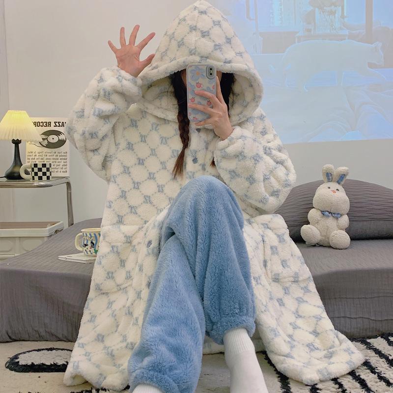 Women's Thickened Flannel Pajama Set - Coral Fleece Long Robe for Autumn/Winter