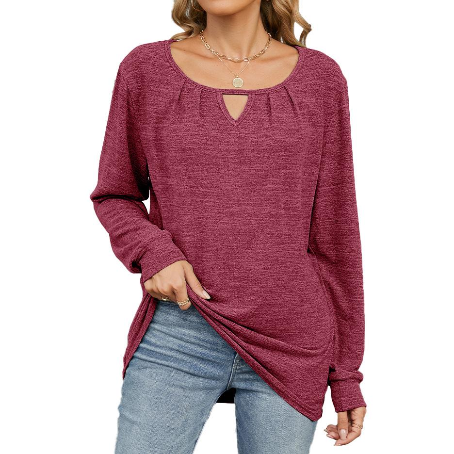 Autumn and Winter Women's Plus Size Solid Color Wrinkled Frayed Milled Hollowed Loose Long Sleeve Top