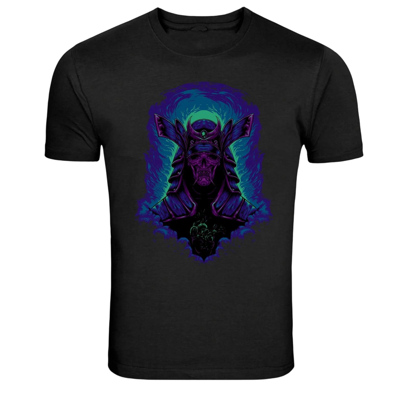 Neon Samurai Skull Warrior Graphic T-Shirt XS