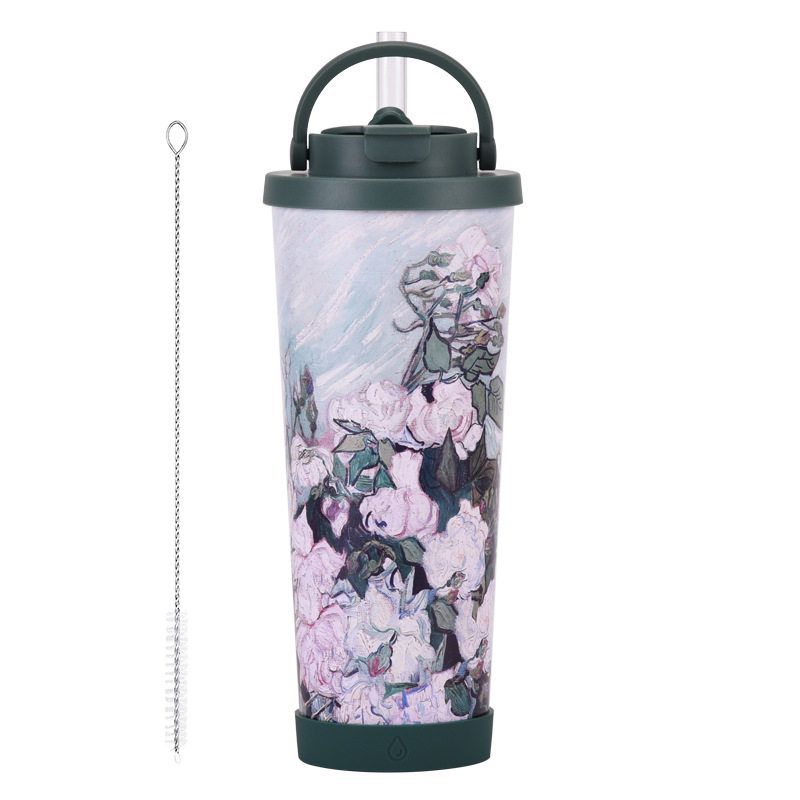 

New 830ml Large-Capacity Thermos Cup with Convenient Handle, Dual-Use Drinking Cup, Large-Hole Printed Straw Cup White g Style 830ml