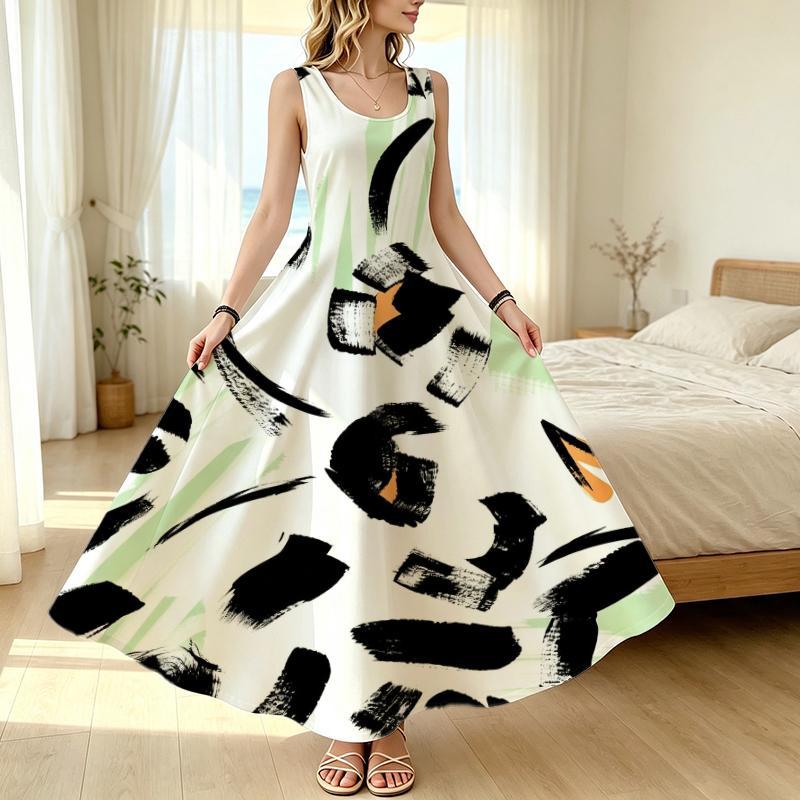 Women's Sleeveless Long Tank Dress,Abstract Art Collection Beach Vacation Dress Loose Fit,Lightweight & Breathable,Versatile for Daily & Holiday Wear