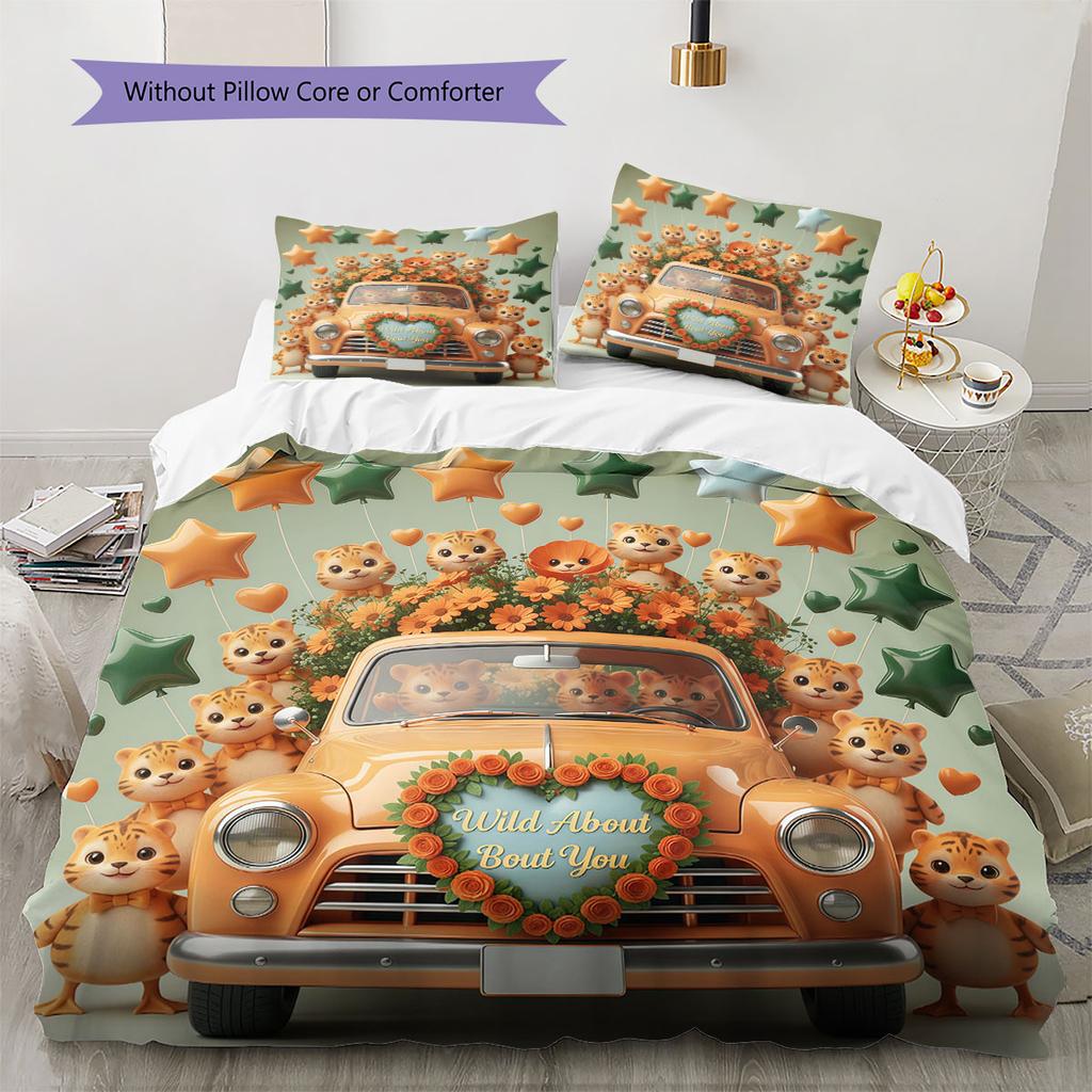 Trucks animals Pattern Bedding Quilt Set Quilt Cover Pillowcase Home Decoration Birthday Gift (1 * duvet cover + 2 * pillowcase, without core)