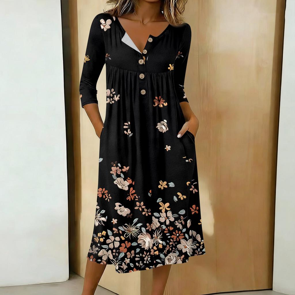 Women's Fashionable Color Printed Round Neck 3/4 Sleeve Button Collar Mid Length Casual Dress