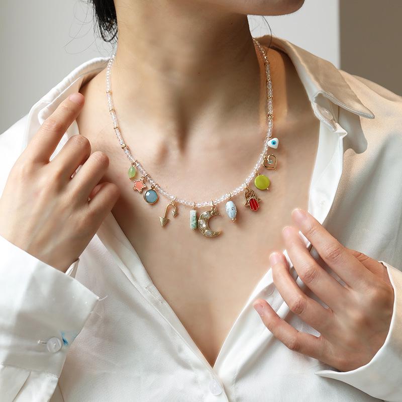 Kenjie Summer Colorful Multi-Pendant Necklace & Bracelet Set: Moon & Star Design for Women.