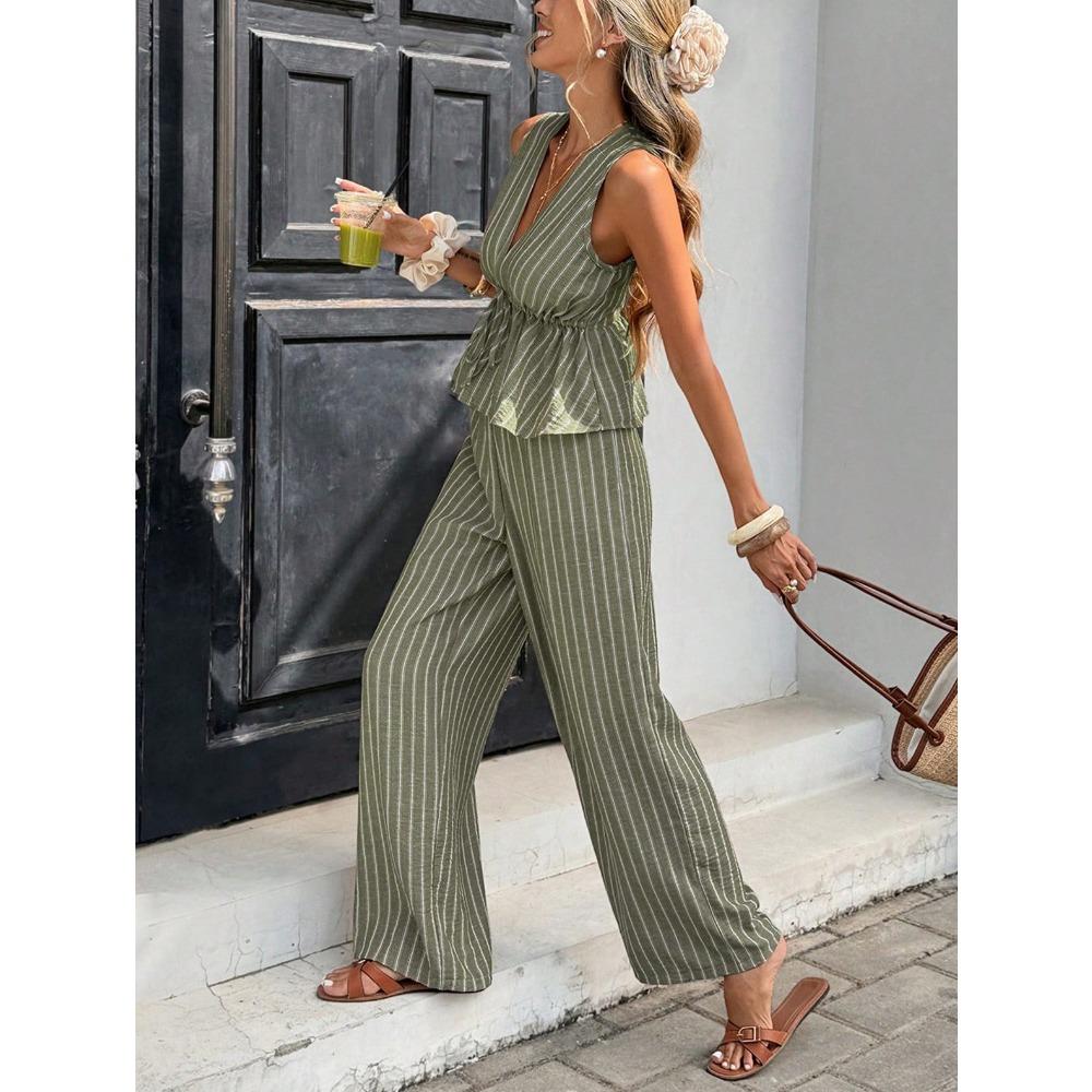 Ensemble 2 pièces élégant : Haut rayé sans manches à encolure en V et Pantalon large taille haute, Tenue décontractée d'été pour les vacances