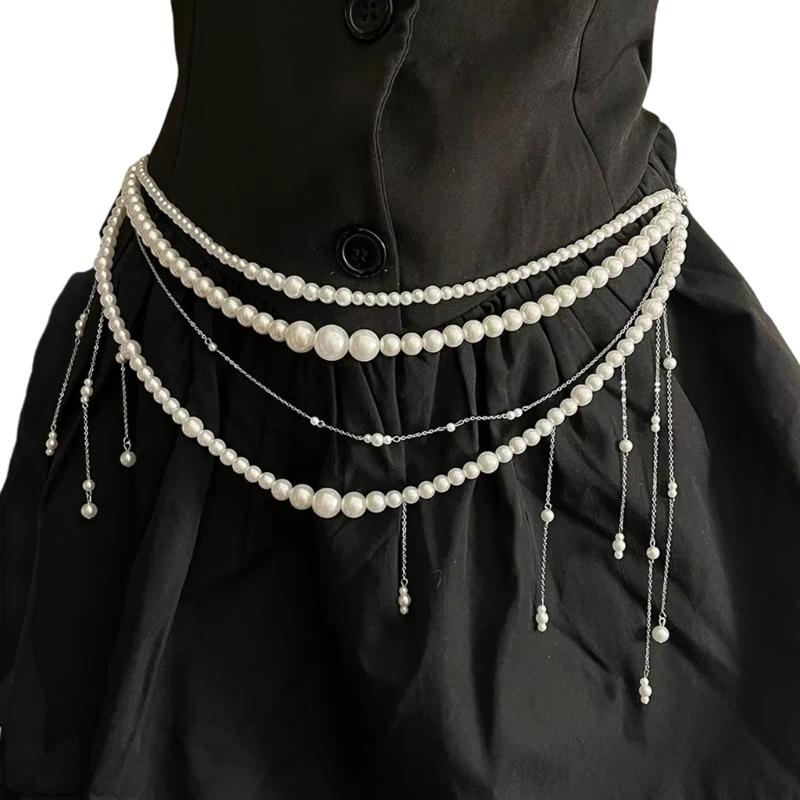 Многослойная жемчужная цепочка-пояс с кисточками для женщин, элегантная цепочка на тело с регулируемой длиной для вечеринок и фестивалей
