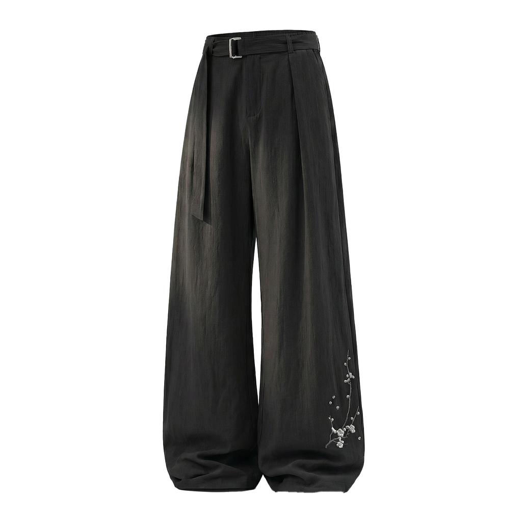 Mens Pleated Loose Textured Vintage Casual Straight Long Pants