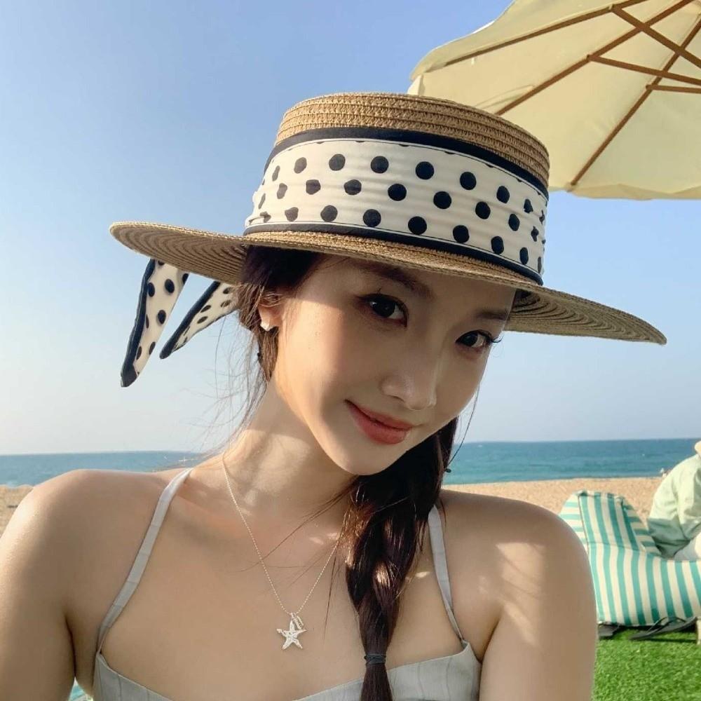 Elegant Sun Protection Cap Dot Ribbon Wide Brim Hat Fashion Beach Straw Cap  Summer Season