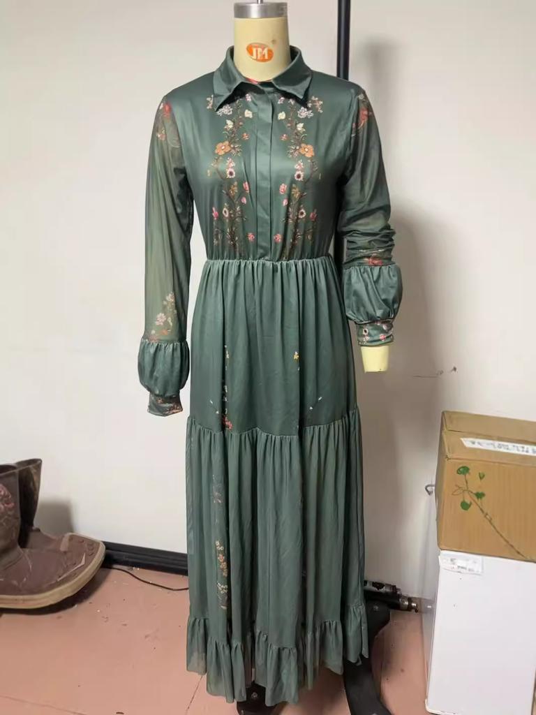 European and American Women's Clothing, Long-sleeved Printed Long Dress, Shirt Collar Dress, Long Dress.