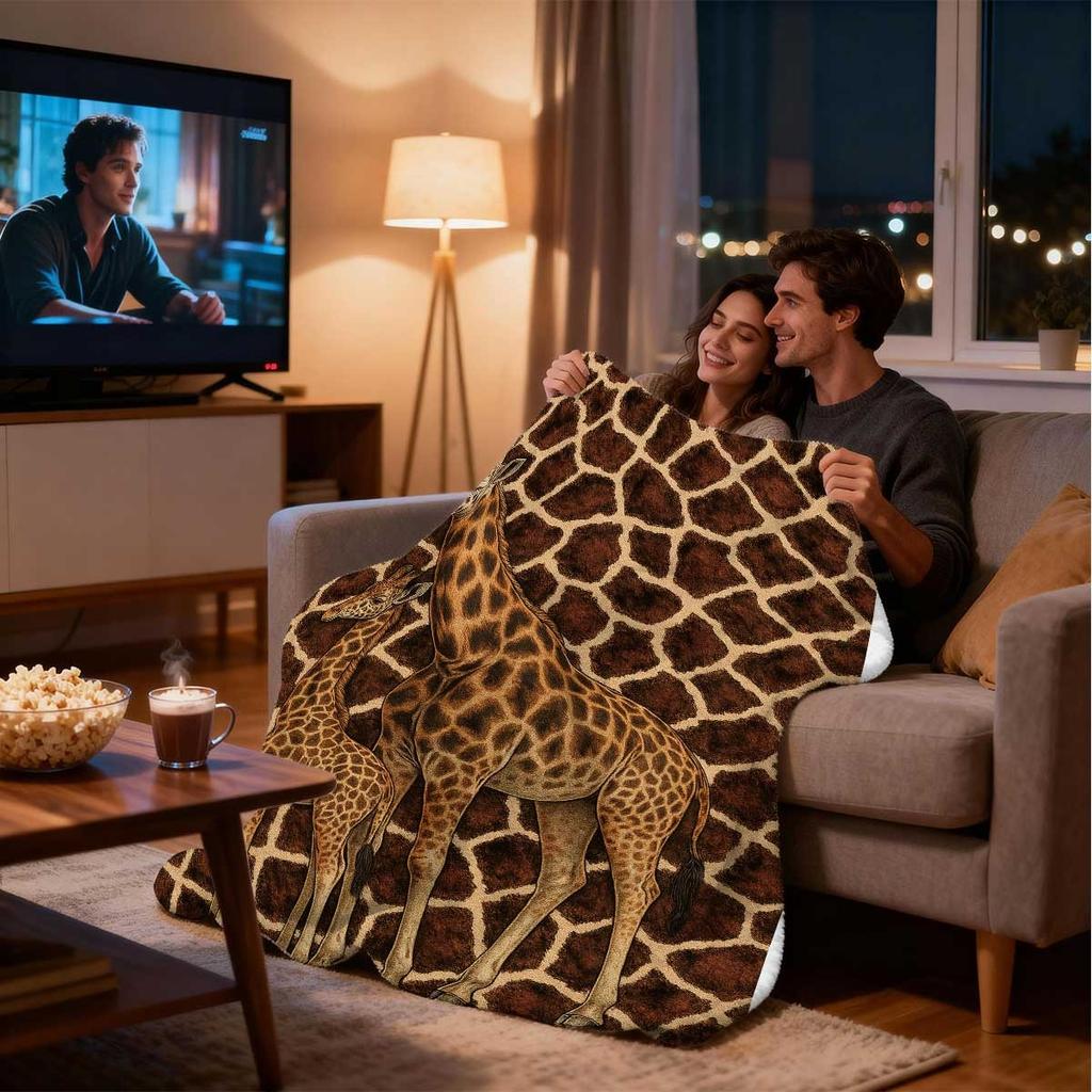 Cozy Giraffe Print Flannel Blanket, Soft Tear-Resistant Realistic Animal Design for Home Decor, Brown Beige All-Season