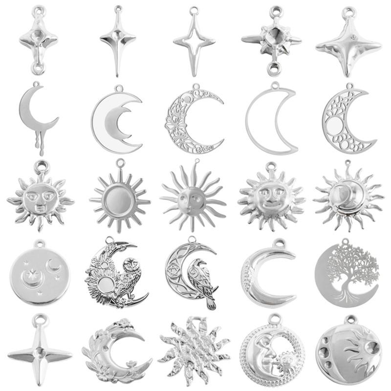 6pcs Steel Color Assorted Pendant Filligree Moon Sun Doji Charm Stainless Steel Charms For Jewelry Making Bracelets DIY Keychain