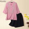 ZANZEA Women 3/4 Sleeve Embroidery Blouse and Shorts Summer Two Piece Suit Sets