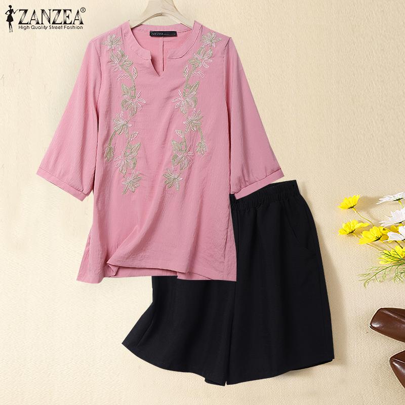 ZANZEA Women 3/4 Sleeve Embroidery Blouse and Shorts Summer Two Piece Suit Sets
