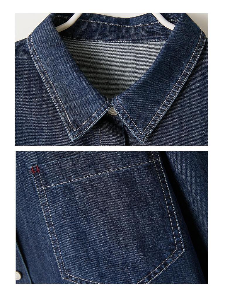 Women's Long Sleeve Denim Blue Shirt Jacket - Spring 2026 Retro British Style with Thickened Lapel