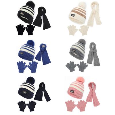 Autumn Winter Baby Hat Scarf Gloves Set Thicken Stripe Knitted Hats Boy Girl Plus Velvet Beanie Toddler Infant Kids Accessory