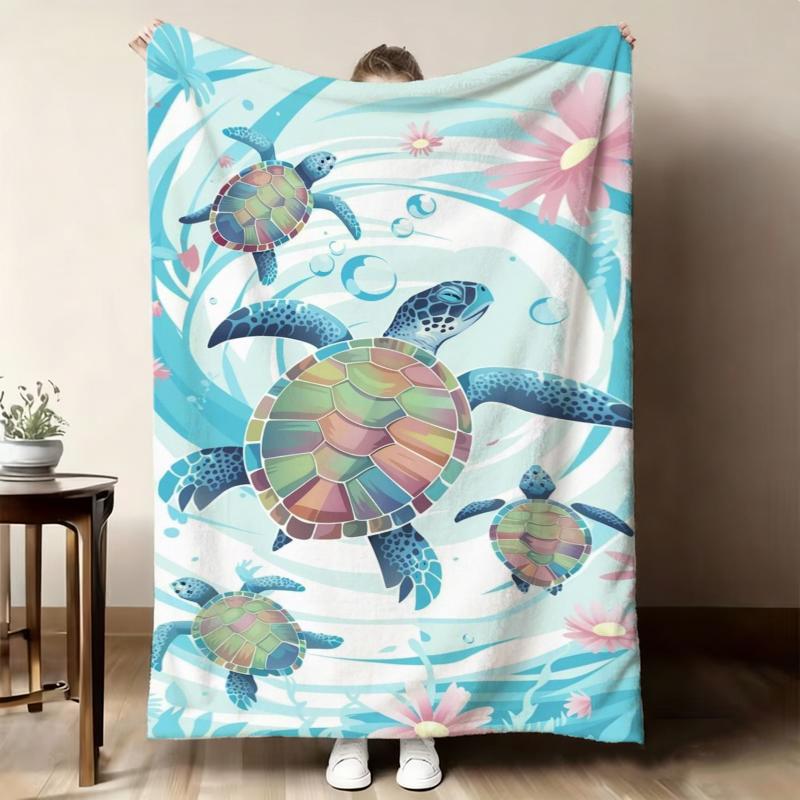 Colorful Turtle Pink Flower Underwater Flannel Blanket For Vibrant Bedroom Decor Soft Warm Throw Blanket Swathe
